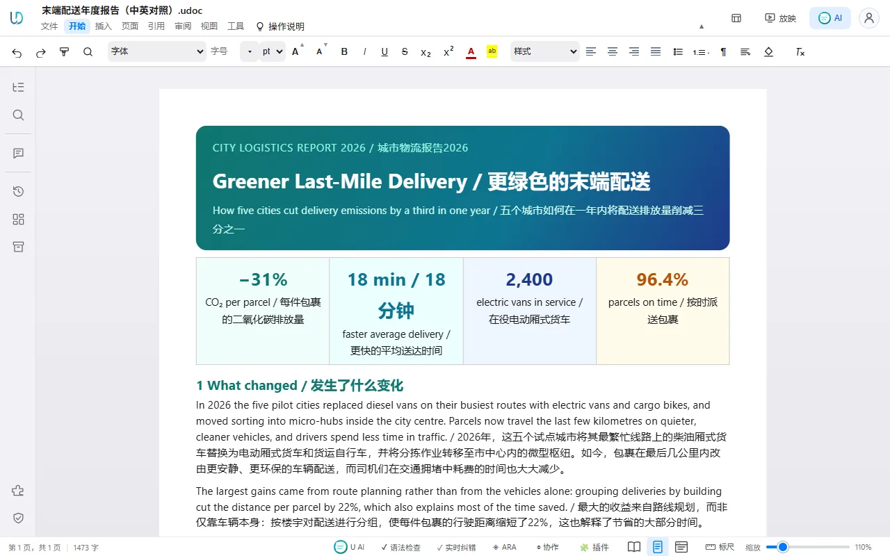 中英对照的年度报告在 UniDoc 编辑器中打开,横幅、指标卡和正文逐段对照